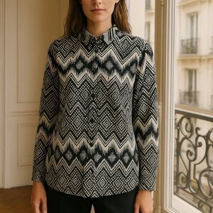 J. CREW 100% Linen Boho Aztec Artsy Print Button Up Collard Boy Fit Blouse